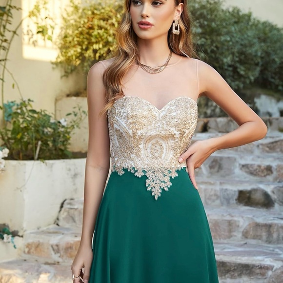 BABYONLINE D.R.E.S.S. Womens A line Chiffon Lace Appliques Gold - Picture 3 of 4